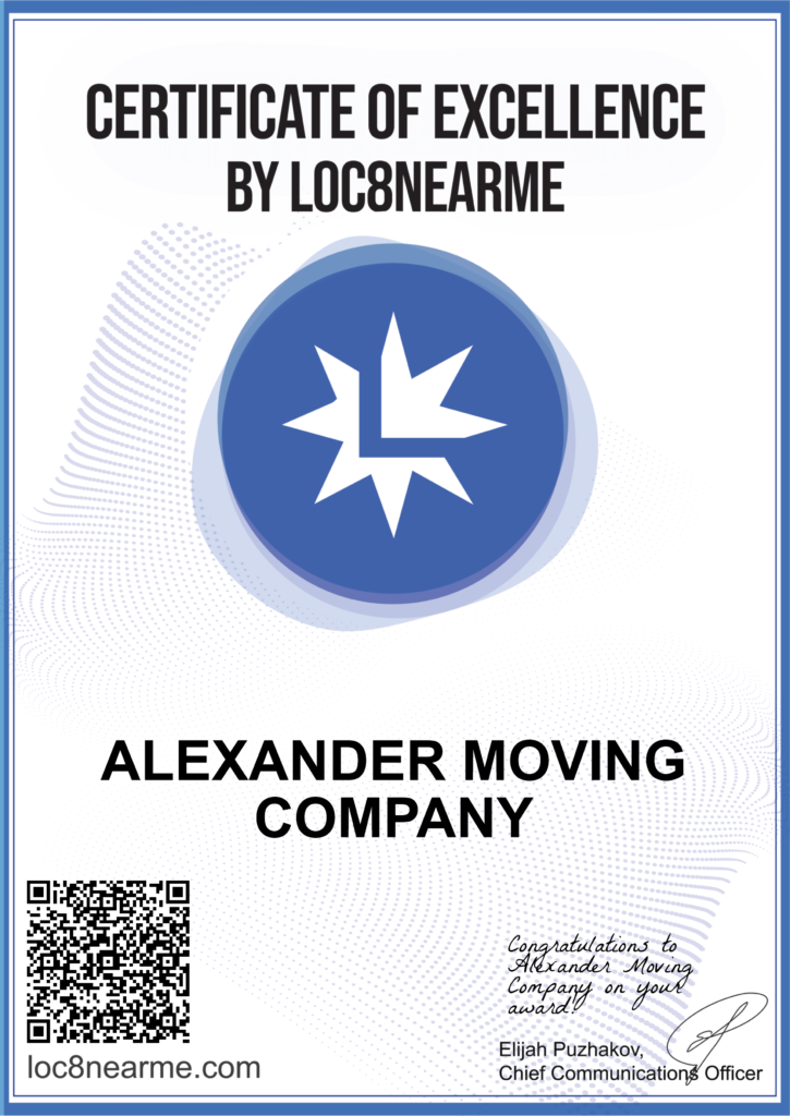 Alexander moving company certificate of excellence by loc8nearme